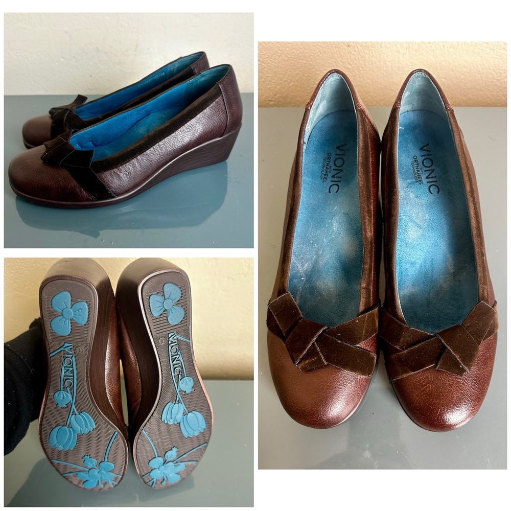 Vionic Orthaheel Chloe Brown Velvet Leather Wedge Heel Shoes Women's Size 8.5